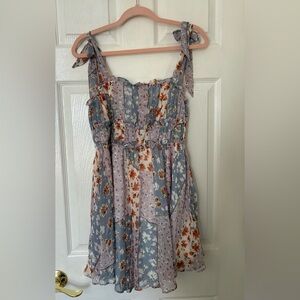 Floral Patchwork Adjustable Shoulder Tie Dress with Ruffle Details